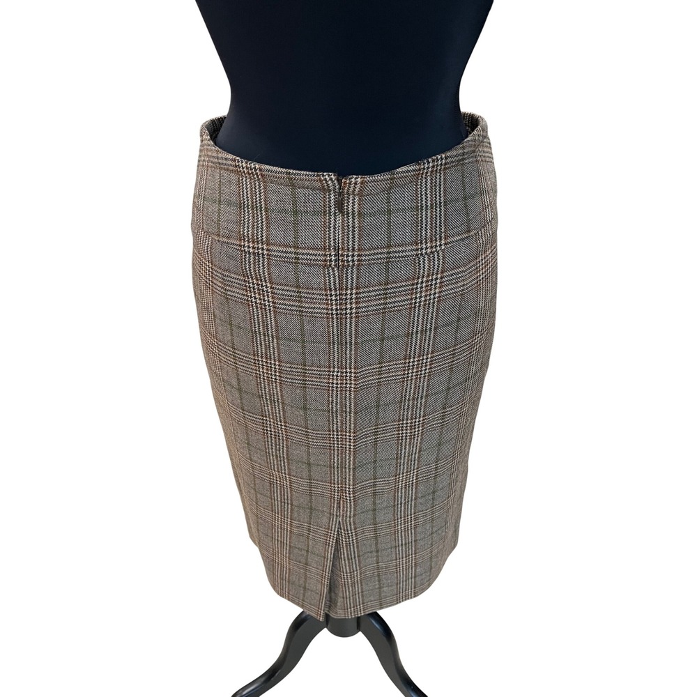 Burberry London Brown Plaid Wool Pencil Skirt Embroidered Knight Logo Size 36 - Picture 5 of 6